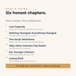 K&ouml;nnte beinhalten: Ein Dokument mit dem Titel What's Inside Six honest chapters, das sechs Abschnitte auflistet: Low Capacity, Nothing Changed. Everything Changed., The Social Weirdness, Why Other Grievers Feel Easier, For Younger Grievers und Losing Both, mit einem Balken.