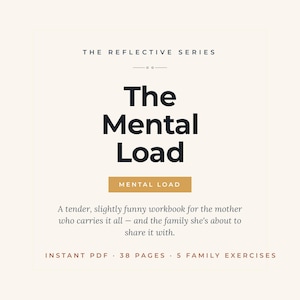 以下が含まれることがあります： ベージュの背景に黒い文字で「The Reflective Series: The Mental Load」と記されたデジタルワークブック。38ページと5つの家族向けエクササイズが含まれており、すべてを背負う母親のための優しく少し面白いワークブックとして説明されています。