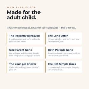 K&ouml;nnte beinhalten: Eine beige Infografik mit dunklem Text unter dem Titel Who This Is For: Made for the adult child. Sie listet Trauerkategorien auf, darunter The Recently Bereaved, The Long-After, One Parent Gone, Both Parents Gone, The Younger Griever und The Not-Simple Ones, jeweils mit einem kurzen erkl&auml;renden Satz.