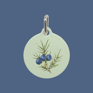 May include: A round, light green charm with a silver loop. The charm features a hand-painted illustration of a juniper branch with blue berries.