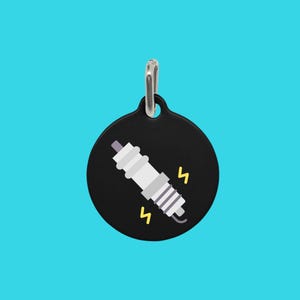 May include: Black round keychain with a silver clip. The keychain features a white spark plug with a yellow lightning bolt on either side.