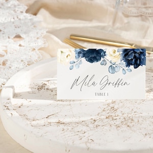 Plantilla de tarjeta de nombre, plantilla de tarjeta de lugar de ducha nupcial floral azul, tarjetas de nombre imprimibles, plantilla de tarjeta de lugar floral, descarga instantánea, Mila