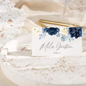 Name Card Template, Blue Floral Bridal Shower Place Card Template, Printable Name Cards, Floral Place Card Template, Instant Download, Mila image 1