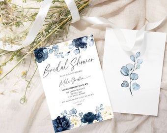 Invitation Template, Blue Floral Bridal Shower Invite Template, Printable Invitation, Floral Invite Template, Instant Download, Mila