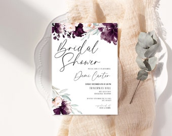 Plantilla de invitación, plantilla de invitación de despedida de soltera floral púrpura, invitación imprimible, plantilla de invitación floral, descarga instantánea, Demi