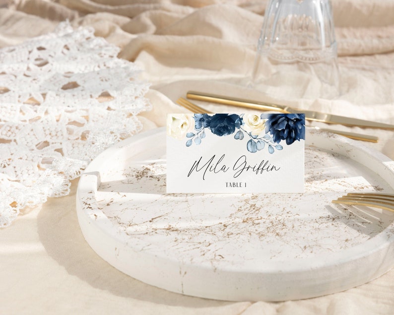 Name Card Template, Blue Floral Bridal Shower Place Card Template, Printable Name Cards, Floral Place Card Template, Instant Download, Mila image 1