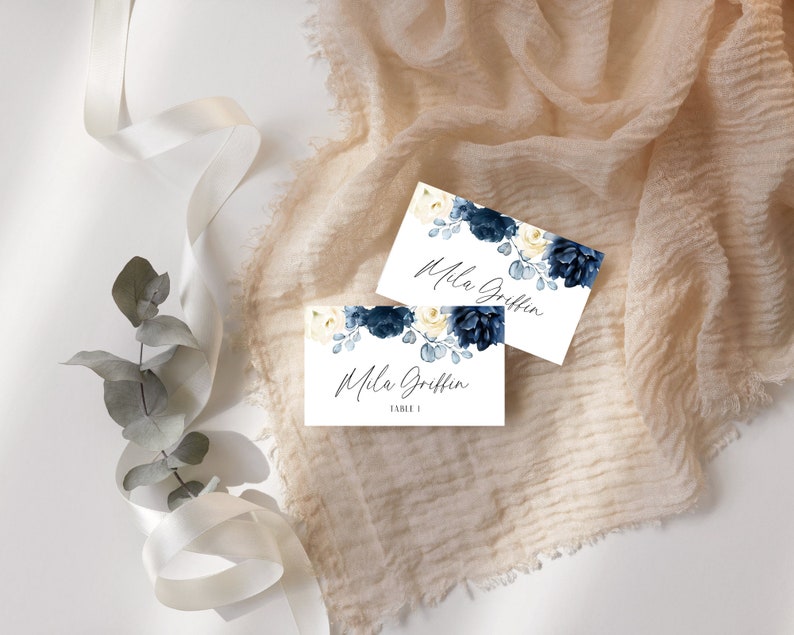 Name Card Template, Blue Floral Bridal Shower Place Card Template, Printable Name Cards, Floral Place Card Template, Instant Download, Mila image 4