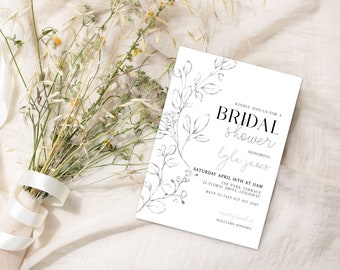 Invite Template, Black and White Floral Bridal Shower Invite Template, Printable Invite, Minimalist Invite Template, Instant Download, Lyla