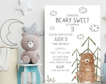 Beary Sweet Birthday Invite, Bear Birthday Invitation Template, Birthday Boy, Birthday Evite, Bear Theme, 3rd Birthday, Instant Download