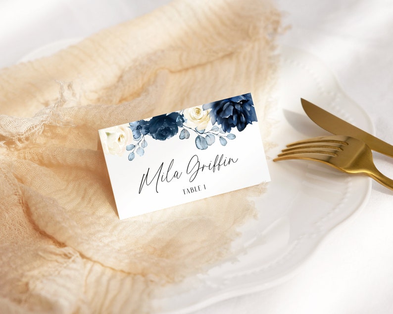Name Card Template, Blue Floral Bridal Shower Place Card Template, Printable Name Cards, Floral Place Card Template, Instant Download, Mila image 2