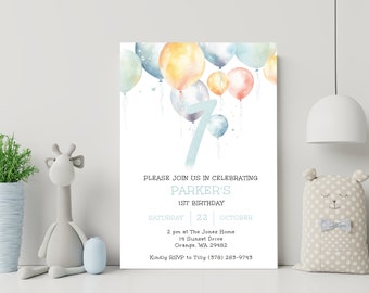 Editable Watercolor Balloon Birthday Invite, First Birthday Invitation Template, 1st Birthday Boy, First Birthday Evite, Instant Download