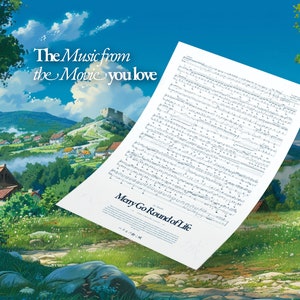 Könnte beinhalten: Ein Notenblatt mit dem Titel "Mary Go Round of Life" darauf gedruckt. Das Notenblatt schwebt in der Luft über einem grünen Feld mit einem kleinen Dorf im Hintergrund. Der Himmel ist blau mit weißen Wolken.