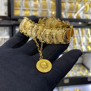 50Grams- 21 Rows of Çeyrek Embroidered Handmade Bracelet,22K Gold Plated Coin Bracelet,New Model Luxury Jewelry,Perfect Gift For Womans