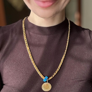 22K Gold Plated Coin Pendant Necklace with Evil Eye Bead – Elegant Turkish Chain Jewelry, Statement Necklace for Women, Gift for Her