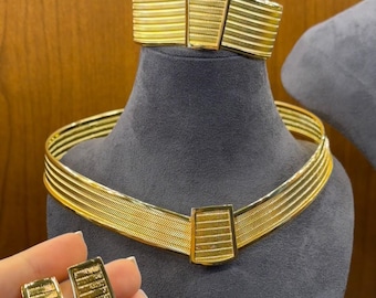 22K Gold Plated Turkish Choker Set: Woven Bracelet & Earrings