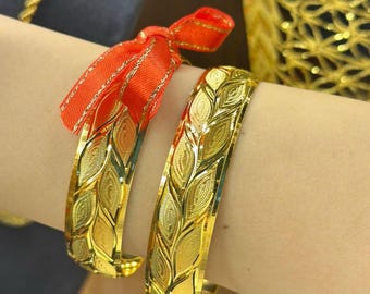 22K Gold Plated Engraved Turkish Bracelet | Handmade Wide Gold Bangle | Luxury Gift for Women | Traditional Leaf Pattern Wedding Jewelry