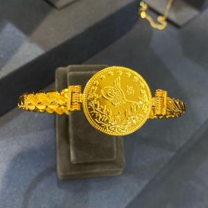 22K Gold Plated Ottoman Coin Bangle: Handmade Turkish Bracelet