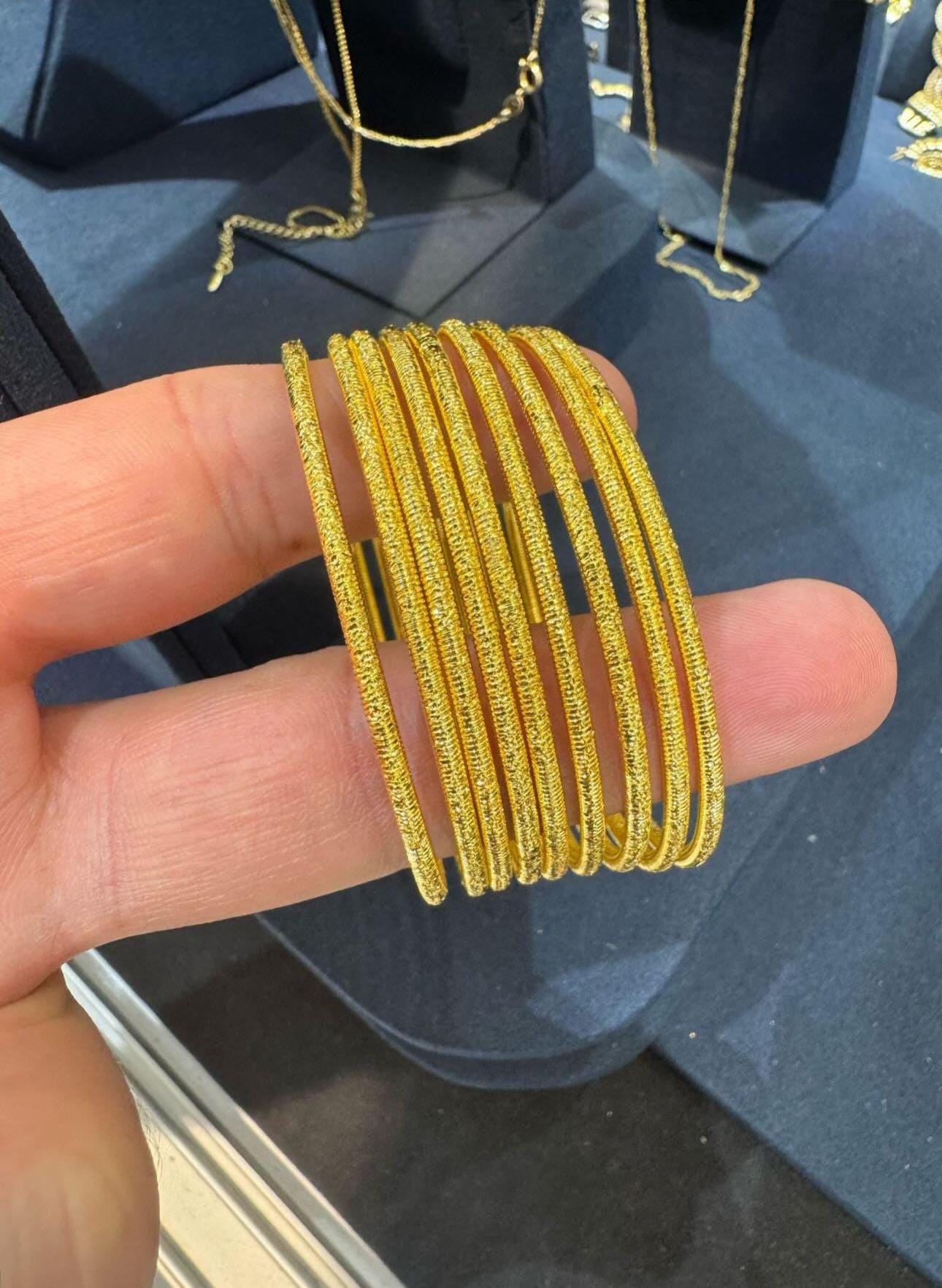 22K Gold Plated Turkish Bangles: Simli Textured Stackable Bracelet