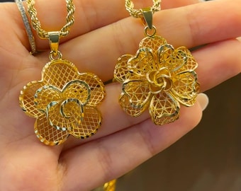 22K Gold Plated Flower Pendant Necklace: Handmade Filigree Floral Jewelry