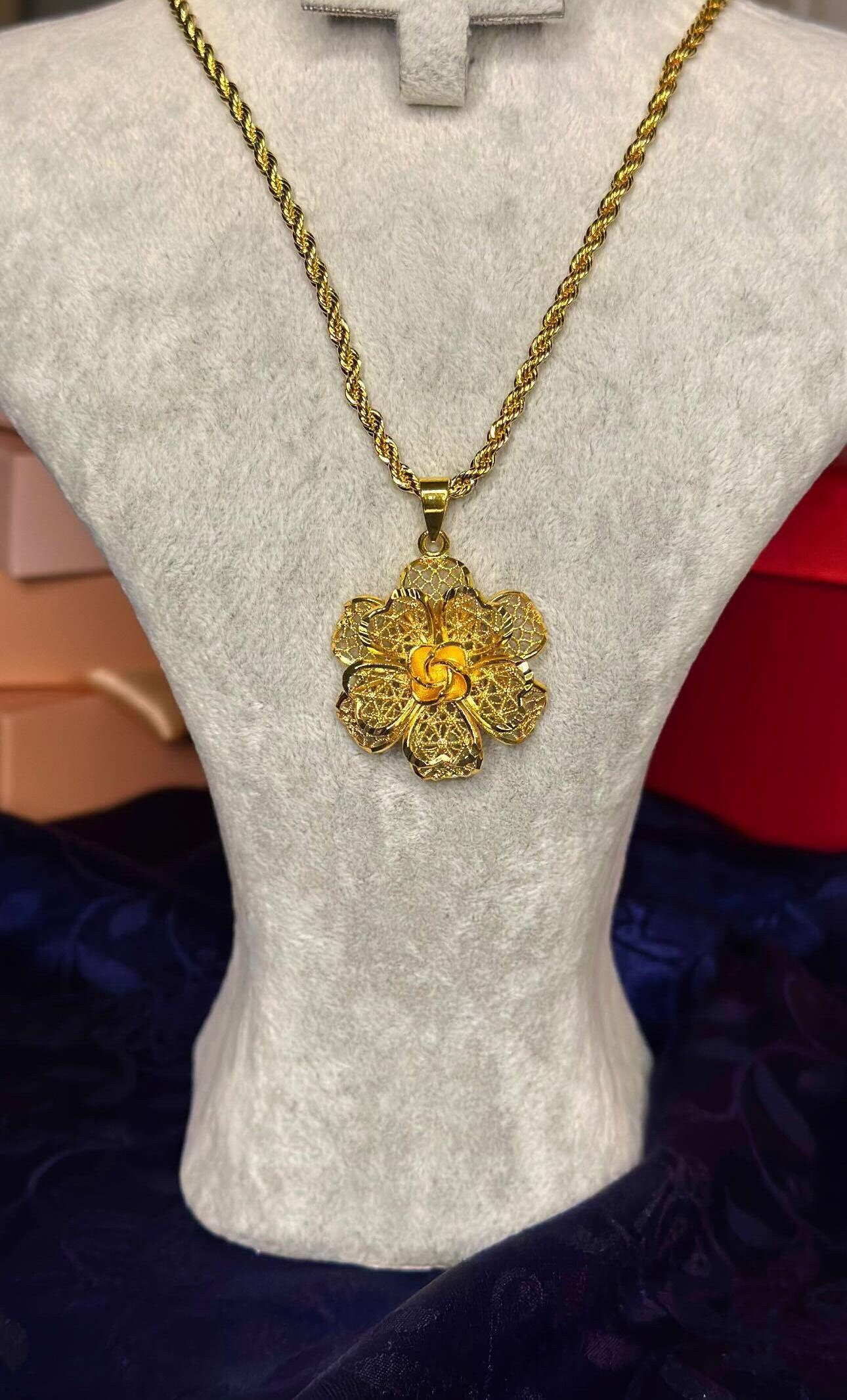 ハンドメイド 22K ゴールドメッキ フローラルペンダントネックレス