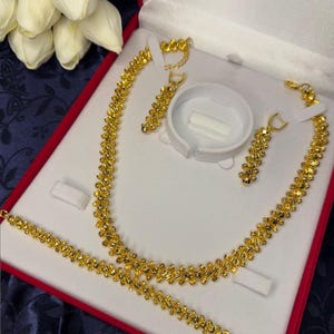 Può includere: Un set di collana, braccialetto e orecchini in oro in una scatola di velluto rosso. I gioielli sono realizzati con una catena delicata con piccoli anelli a forma di fiore.