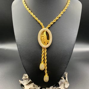 22K Gold Plated Chained Tughra Necklace • Ottoman Calligraphy Pendant • Turkish Handmade Rope Chain Jewelry • Luxury Gift For Her