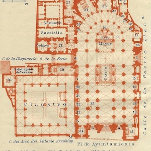 Carte de la cathédrale de Tolède, 1913, carte de l'église antique, Espagne, guide de voyage vintage, impression d'idée cadeau, carte de la cathédrale espagnole, art mural