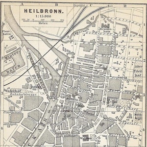 1883 HEILBRONN Mappa Vintage Mappa della città tedesca Antica mappa artistica da parete della Germania Idea regalo Wanderlust Città del Baden-Württemberg Guida turistica vintage