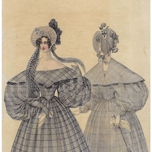 Impresión de moda de Viena de 1835. Impresión antigua original de moda femenina. Decoración de pared de moda coloreada a mano. Arte de pared de moda del siglo XIX.