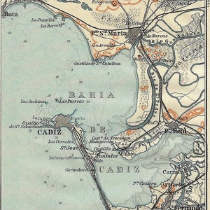 1913 - Vintage CADIZ Landkarte Antike Cadiz Bucht Druck Spanien Landkarte Kunstwerk Purotero de Santa Maria Rota Landkarte Spanische Landkarte Fernweh Geschenk Idee Wandkunst