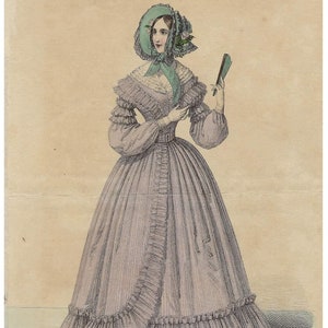 Impresión antigua de MODA DE VIENA de 1839. Arte mural vintage para amantes de la moda femenina. Obra de arte coloreada a mano. Decoración de oficina del siglo XIX.