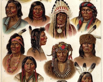1903 Antique Lithograph of NATIVE AMERICANS TYPES. American Indian. Anthropology. Ethnography. 122 Years old print