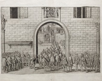 1583 Antique Belgian Print Brussels Gate Engraving Original 16th Century Print Belgium Wall Art Leo Belgicus Artwork Franz Hogenberg Art
