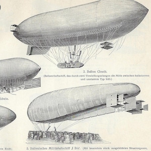 May include: An antique print titled "Luftschiffahrt V." features detailed illustrations of five different airships. The airships are depicted in a grayscale palette, showcasing their various designs and structures. Text in German accompanies each airship, providing additional information.