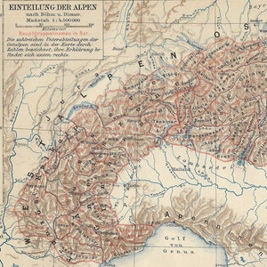 Mapa antiguo de los Alpes de 1903, impresión de la división de los Alpes, mapa antiguo de Europa, arte mural de los Alpes, regalo para amantes de los Alpes, impresión de 122 años