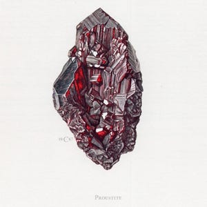Może przedstawiać: Ilustracja kryształu proustytu, minerału siarczkosolnego srebra. Kryształ ma głęboki czerwony kolor z metalicznym połyskiem, na białym tle. Słowo "Proustite" jest napisane poniżej.