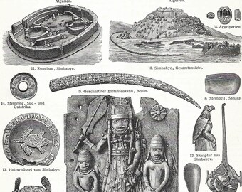 1903 Vintage Archaeology Print African Tools Dolmen Funerary Utensils Ethnography Engraving Anthropology Antique History Wall Art