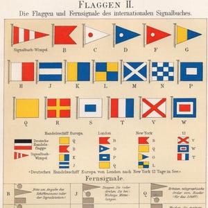 Op de afbeelding: Een vintage nautische kaart met internationale seinvlaggen en hun betekenissen. De kaart toont verschillende gekleurde vlaggen, die elk een letter of signaal vertegenwoordigen. Bevat Duitse tekst en uitleg over maritieme communicatie.