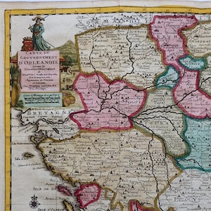 1714 Antike Karte von ORLEANS Antike Frankreich Karte Handkolorierte Gravur Karte des 18.Jahrhunderts Antiker französischer Druck 310 Jahre alte Karte