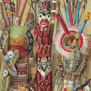 Puede incluir: Una ilustración colorida de la cultura nativa americana, que presenta un tótem con caras talladas, un tocado con plumas y campanas, y varias armas y herramientas. La imagen está etiquetada como "Indianische Kultur I."