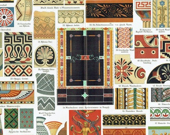 1903 Ancient Ornaments Print Antique Mosaics Lithograph Antiquity Home Decor Enamel Artwork Ornaments Vintage Wall Art Old Print