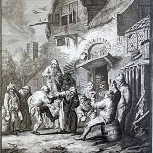 1705 Impresión antigua, Grabado original del siglo XVIII, Escena de taberna holandesa - grabador Willem de Broen / Adriaen van Ostade