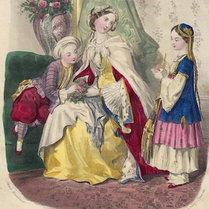 1855 - Impresión antigua de moda parisina, impresión coloreada a mano, arte mural original de moda parisina para regalo de la moda femenina y infantil del siglo XIX.