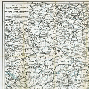 Carte vintage des chemins de fer autrichiens de 1883, lignes de bateau à vapeur de l'Autriche vintage, carte de l'Autriche antique, idée cadeau Wanderlust, impression de l'ouest de l'Autriche