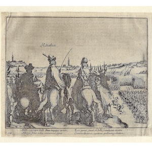 1616 - Incisione antica, stampa del XVII secolo, antica opera d'arte murale originale olandese, guerra tra Paesi Bassi e Spagna, Fiandre, esercito dell'arciduca Matías