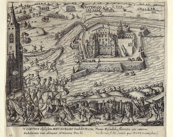 1616  Antique dutch engraving original 17th century print for gift Westerloo Castle Belgium, Duke of Parma, Spanish Tercios of Flanders