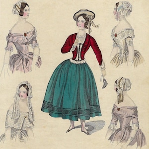 1844 - Impresión antigua de moda parisina, impresión coloreada a mano, arte mural original de moda parisina para regalo del siglo XIX. Póster de moda femenina.