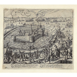1616 Antica incisione olandese originale stampa del XVII secolo Assedio del castello di Woude, Wouw, Belgio - Tercios spagnolo, duca di Parma, Baudartius