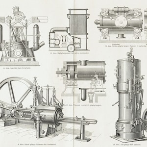 1893 STEAM ENGINES Print Antique Patent Engraving Original Steam Invention Wall Art Industrial Revolution Home Decor Steampunk Artwork Gift