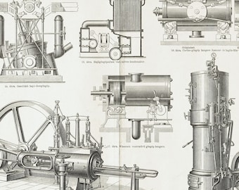 Impresión de MÁQUINAS DE VAPOR de 1893, grabado de patente antigua, arte mural original de la invención del vapor, decoración del hogar de la Revolución Industrial, obra de arte Steampunk, regalo